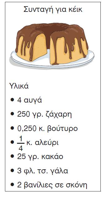 Μονάδες μέτρησης της μάζας Ενότητα 8 1ο Πρόβλημα Με βάση τη διπλανή συνταγή για κέικ, ποια ποσότητα από κάθε υλικό θα