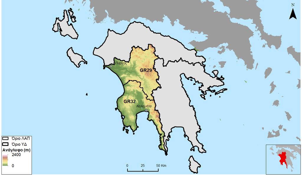 2.1.3 Μορφολογία και κλίμα Το Υδατικό Διαμέρισμα Δυτικής Πελοποννήσου (ΥΔ 01) είναι στα βόρεια ορεινό, με τους ορεινούς όγκους Ερύμανθου και Αροανίων να δεσπόζουν.