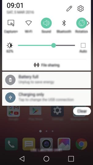 Notifications panel You can open the notifications panel by dragging the status bar downwards. Use quick access icons in the notifications panel to easily and quickly turn a function on or off.