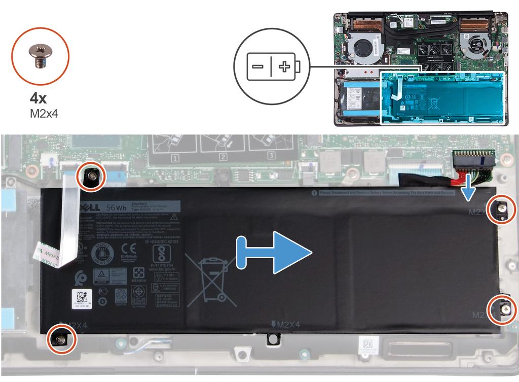 1 Αποσυνδέστε το καλώδιο της μπαταρίας από την πλακέτα συστήματος. 2 Αφαιρέστε τις τέσσερις βίδες (M2x4) που συγκρατούν την μπαταρία στη διάταξη στηρίγματος παλάμης και πληκτρολογίου.