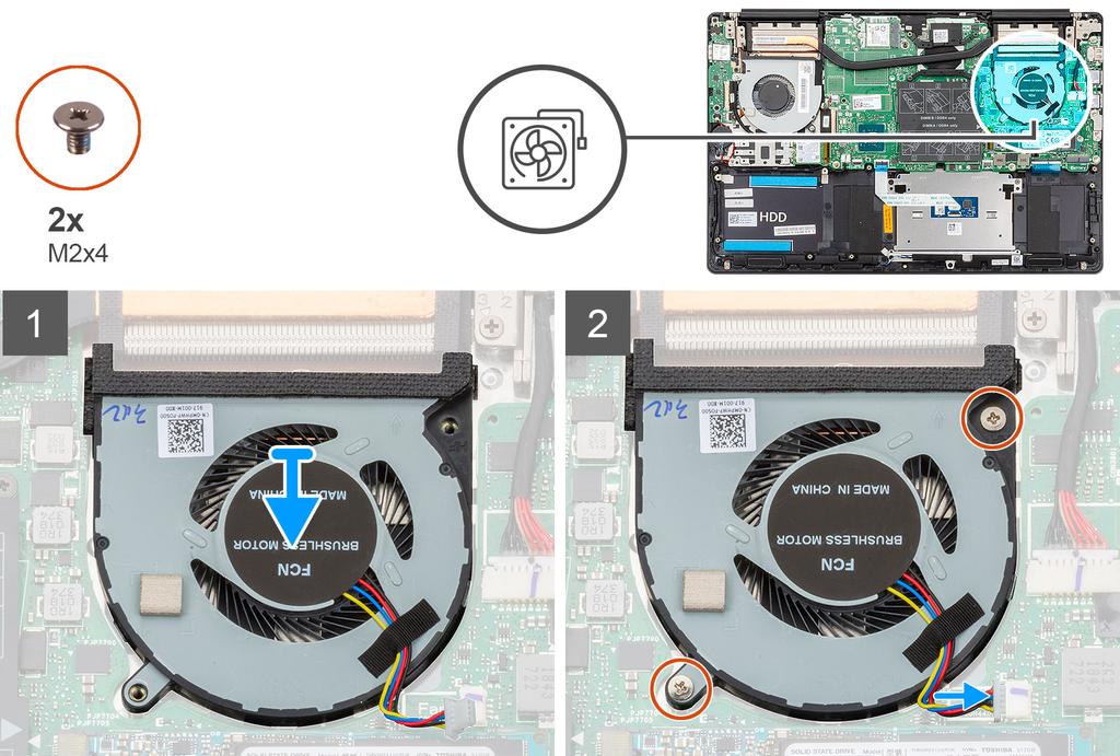 1 Σύρετε και τοποθετήστε τον ανεμιστήρα της CPU στη διάταξη του στηρίγματος παλάμης και του πληκτρολογίου.