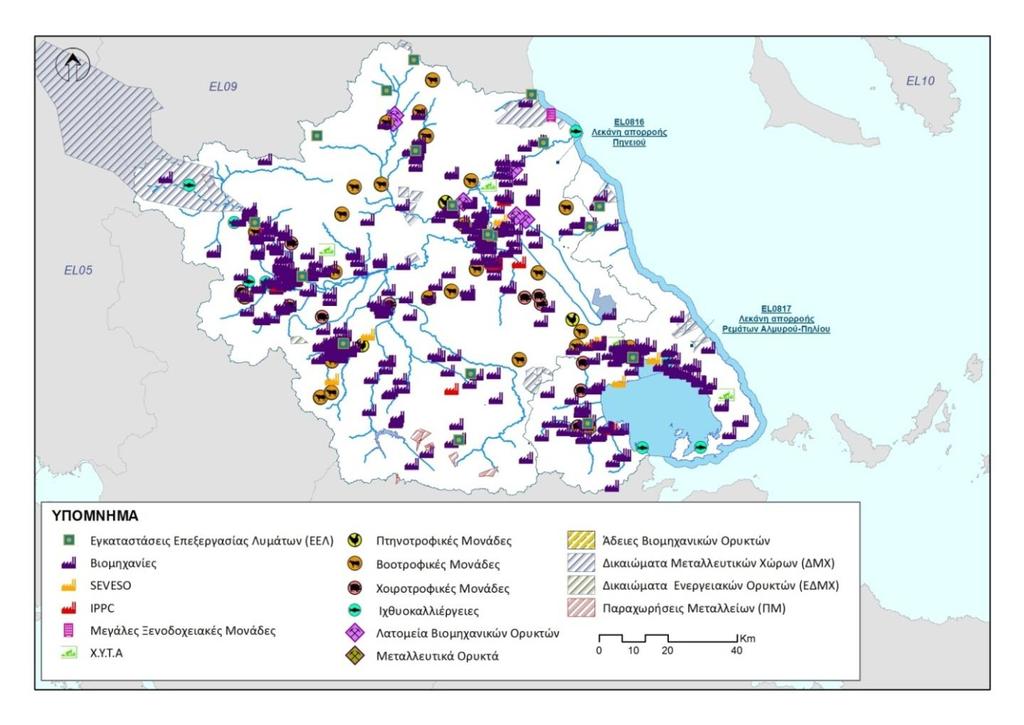 Χάρτης 1: Σημειακές πιέσεις στο Υδατικό Διαμέρισμα Θεσσαλίας (EL08) Διάχυτες πηγές ρύπανσης Οι κατηγορίες των διάχυτων πηγών ρύπανσης που παράγουν συμβατικούς ρύπους (BOD,, P) είναι : o Γεωργικές