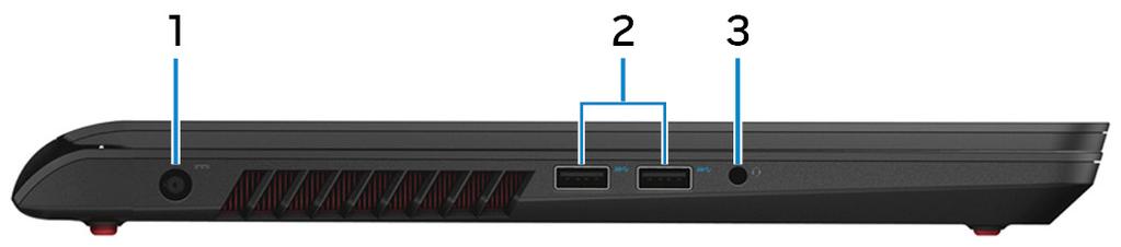 Αριστερή πλευρά 1 Θύρα προσαρμογέα ισχύος Συνδέστε προσαρμογέα ισχύος για παροχή ρεύματος στον υπολογιστή σας και φόρτιση της μπαταρίας. 2 Θύρες USB 3.