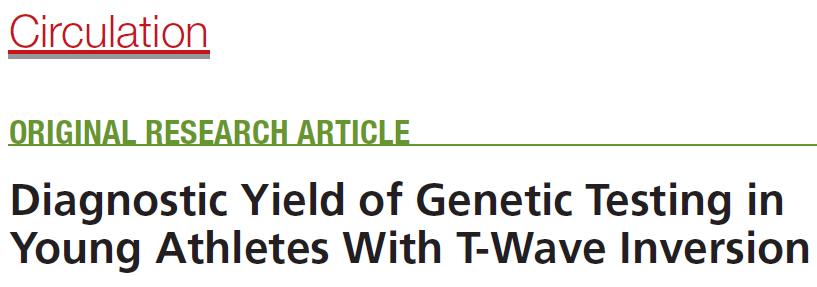 Papadakis M,Sharma S,Nabeel S et al Circulation 2018 Η διαγνωστική δυνατότητα του γονιδιακού ελέγχου (ανεύρεση παθογόνου μετάλλαξης) σε αθλητές με TWI είναι χαμηλή (10%) και κατά το ήμισυ σε σύγκριση