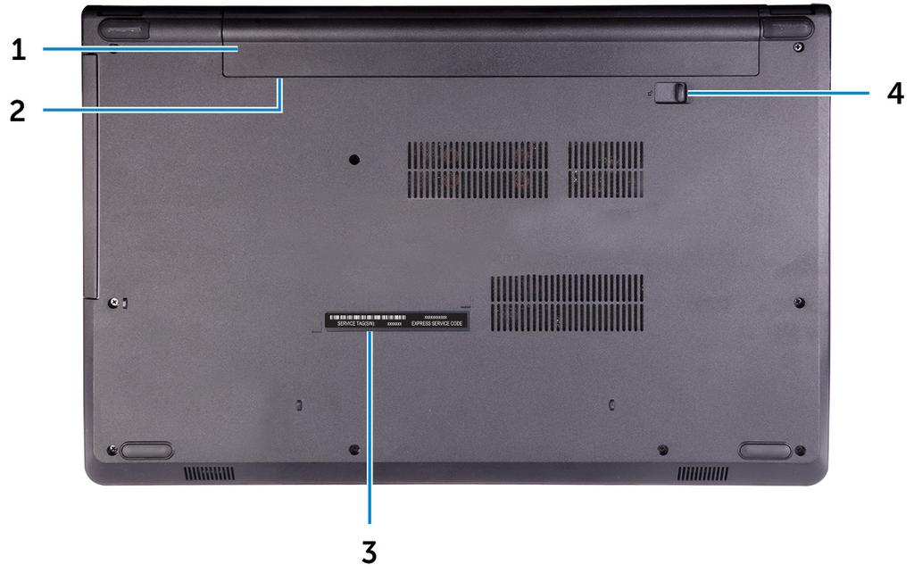 Πίσω πλευρά 1 Μπαταρία Τροφοδοτεί τον υπολογιστή με ρεύμα. Επιτρέπει τη λειτουργία του υπολογιστή χωρίς σύνδεση σε ηλεκτρική πρίζα για περιορισμένο χρονικό διάστημα.