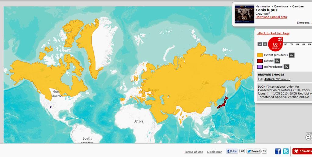 Παγκόσμια κατανομή του λύκου- IUCN http://maps.iucnredlist.org/map.html?