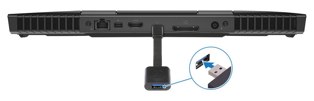 5 Συνδέστε τον ανιχνευτή Oculus Rift στη θύρα USB Type-A στην αριστερή πλευρά του υπολογιστή σας. 6 Συνδέστε ένα κλειδί USB Type-C σε Type-A στη θύρα USB 3.