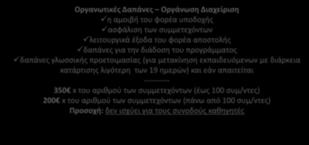 Κατθγορίεσ Δαπανϊν Προχπολογιςμοφ (1) Οργανωτικζσ Δαπάνεσ Οργάνωςθ Διαχείριςθ θ αμοιβι του φορζα υποδοχισ αςφάλιςθ των ςυμμετεχόντων λειτουργικά ζξοδα του φορζα αποςτολισ δαπάνεσ για τθν διάδοςθ του