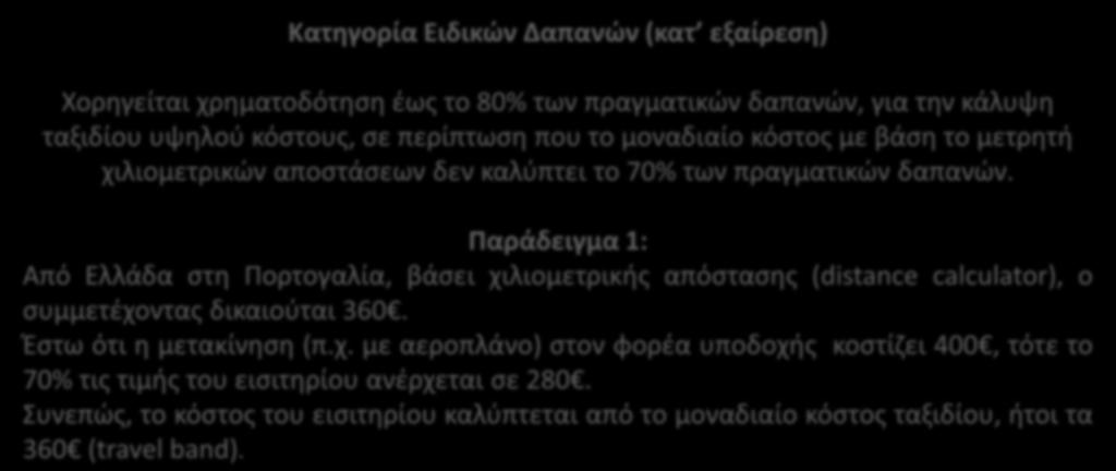 Παράδειγμα 1: Από Ελλάδα ςτθ Πορτογαλία, βάςει χιλιομετρικισ απόςταςθσ (distance calculator), ο ςυμμετζχοντασ δικαιοφται 360. Ζςτω ότι θ μετακίνθςθ (π.χ. με αεροπλάνο) ςτον φορζα υποδοχισ κοςτίηει 400, τότε το 70% τισ τιμισ του ειςιτθρίου ανζρχεται ςε 280.