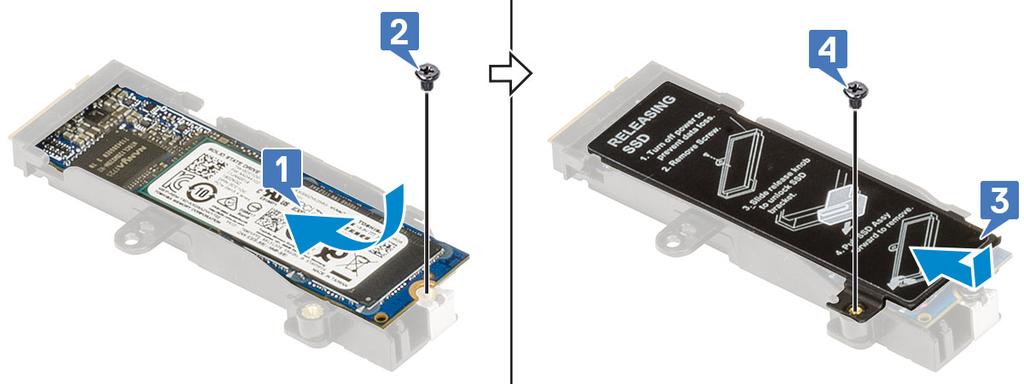d Σφίξτε τη βίδα (M2,0x3,0) για να στερεώσετε τη θερμική πλάκα στη διάταξη της μονάδας SSD M.2 [4]. e Ευθυγραμμίστε τη διάταξη της μονάδας SSD M.2 μέσα στην υποδοχή της στο σύστημα [1].