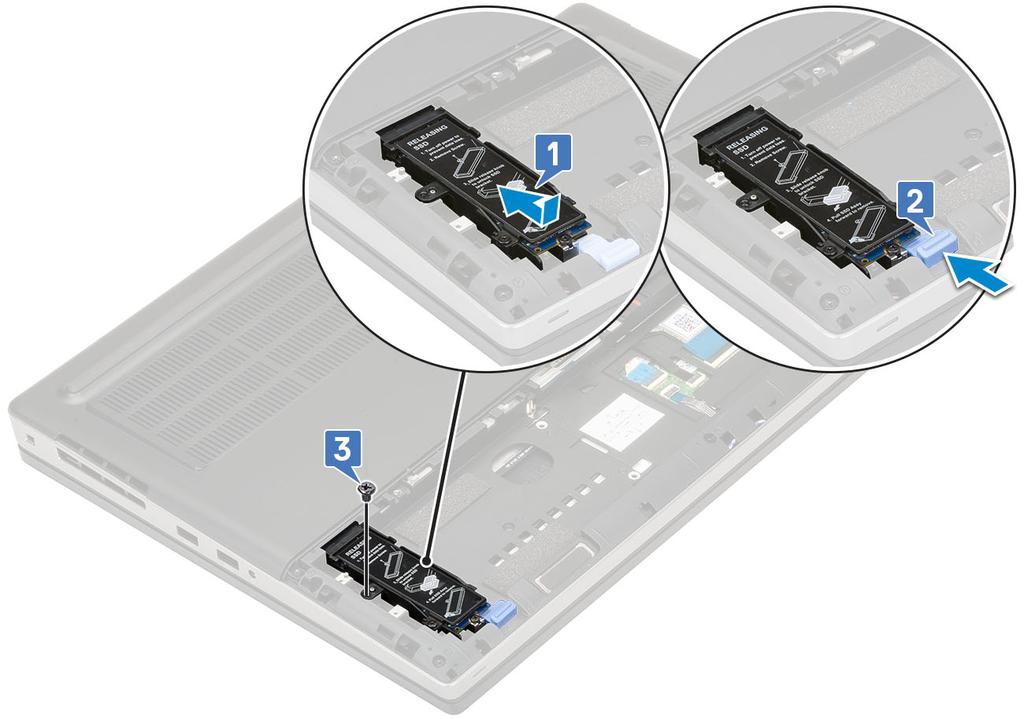 8 Για να εγκαταστήσετε τη μονάδα SSD M.2 (Υποδοχή 3, 5 ή 6): a Τοποθετήστε τη μονάδα SSD M.2 μέσα στην υποδοχή της στο σύστημα [1]. b Σφίξτε τη βίδα (M2,0x3,0) για να στερεώσετε τη μονάδα SSD M.