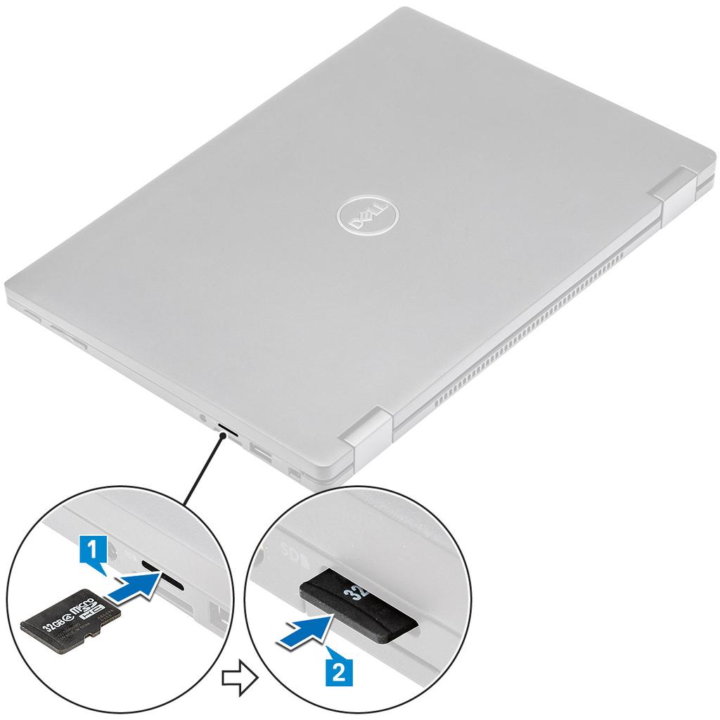 Κάρτα Micro Secure Digital Αφαίρεση της κάρτας Micro Secure Digital 1 Ακολουθήστε τη διαδικασία που παρατίθεται στην ενότητα Πριν από την εκτέλεση εργασιών στο εσωτερικό του υπολογιστή σας.