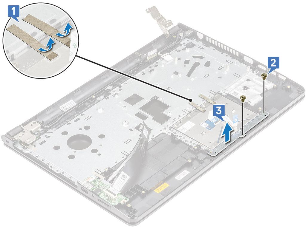 Touchpad Αφαίρεση της επιφάνειας αφής 1 Ακολουθήστε τη διαδικασία που παρατίθεται στην ενότητα Πριν από την εκτέλεση εργασιών στο εσωτερικό του υπολογιστή σας.