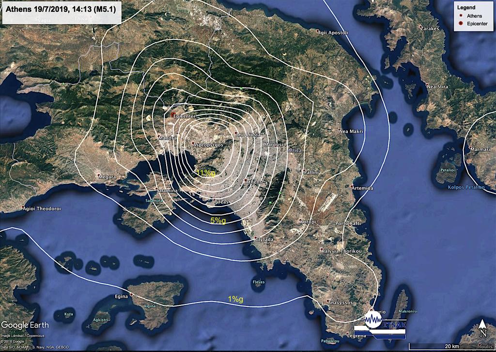 Οι µέγιστες τιµές από την ΑΥΤΟΜΑΤΗ επεξεργασία των καταγραφών του δικτύου επιταχυνσιογράφων χρησιµοποιούνται για τη κατασκευή χαρτών αισθητότητας των ισχυρών σεισµών στον Ελληνικό χώρο. Σχήμα 3.