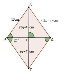 3. (α) Δίνεται ρόμβος ΑΒΓΔ, με ΑΒ = 13 cm και ΑΔ = (χ 7)cm. Aν ΑΓ η μια διαγώνιος του, ΑΟ = (3ψ 4)cm, ΟΓ = (ψ + 4)cm και ΑΒ Γ = 14 να βρείτε: i) την τιμή του χ (μον. ) ii) την τιμή του ψ (μον.