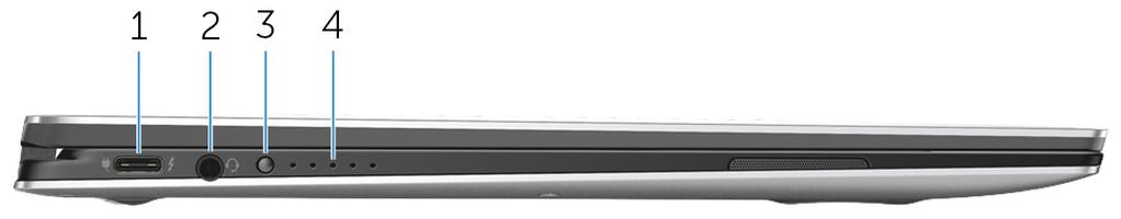 Αριστερή πλευρά 1 Θύρα προσαρμογέα ισχύος/thunderbolt 3 (USB Type-C) Συνδέστε συσκευές Thunderbolt 3 και σταθμούς σύνδεσης της Dell. Υποστηρίζει USB 3.1 2ης γενιάς, DisplayPort 1.
