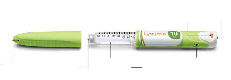 Σχετικά με τις συσκευές τύπου πένας Lyxumia Πράσινη συσκευή τύπου πένας Lyxumia των 10 μικρογραμμαρίων Ελαστικό κάλυμμα Παράθυρο ενεργοποίησης Κουμπί ένεσης Καπάκι της πένας Φυσίγγιο Κλίμακα δόσης