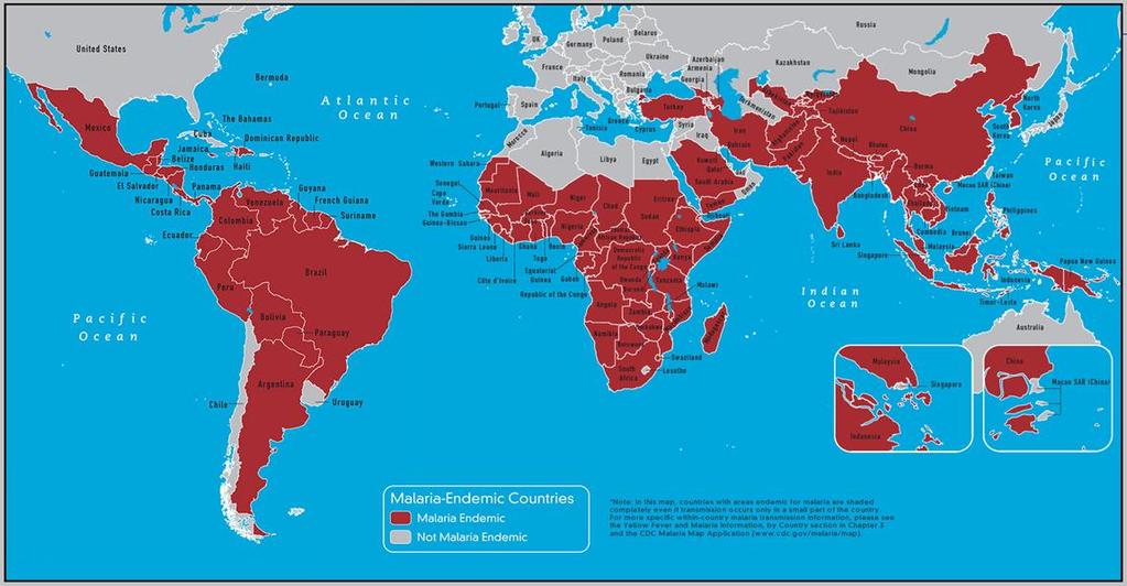 Η ελονοσία είναι ενδημική σε 97 χώρες και είναι παγκοσμίως η ποιο διαδεδομένη λοίμωξη.