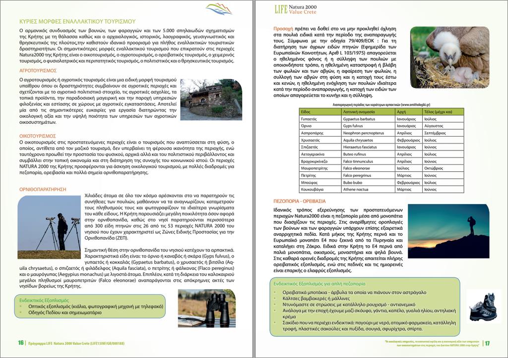 Κύριες τουριστικές δραστηριότητες που πραγματοποιούνται στις προστατευόμενες περιοχές NATURA 2000 Αναφέρονται οι κύριες μορφές εναλλακτικού τουρισμού