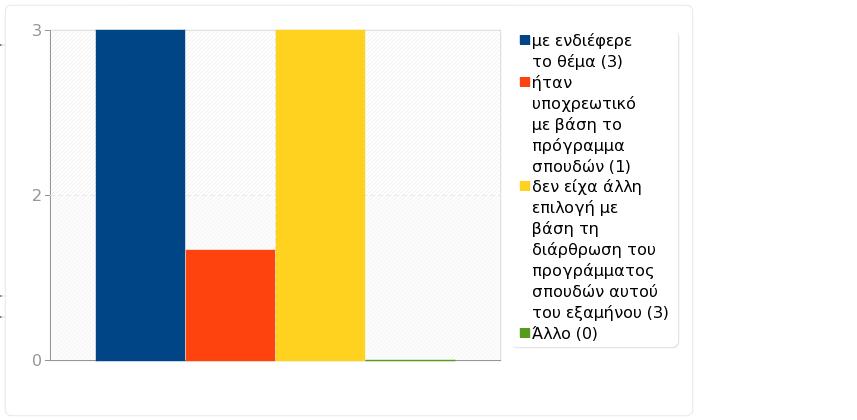 Ομάδα: B. Εγώ ο/η φοιτητής/τρια Ερώτηση: Q27. Δήλωσα το μάθημα γιατί (έχετε την δυνατότητα πολλαπλών επιλογών) με ενδιέφερε το θέμα (Q27_1) 3 50.