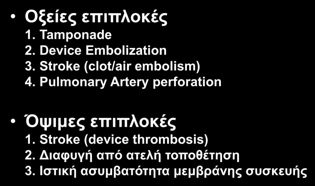 LAAO υπαρκτοί κίνδυνοι WATCHMAN Οξείες επιπλοκές 1. Tamponade 2. Device Embolization 3. Stroke (clot/air embolism) 4.