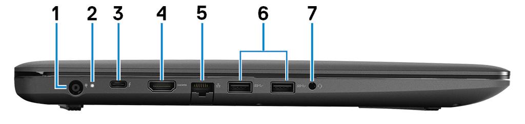 4 Όψεις του Dell G3 3779 Αριστερή πλευρά 1 Θύρα προσαρμογέα ισχύος Συνδέστε προσαρμογέα ισχύος για παροχή ρεύματος στον υπολογιστή σας και φόρτιση της μπαταρίας.