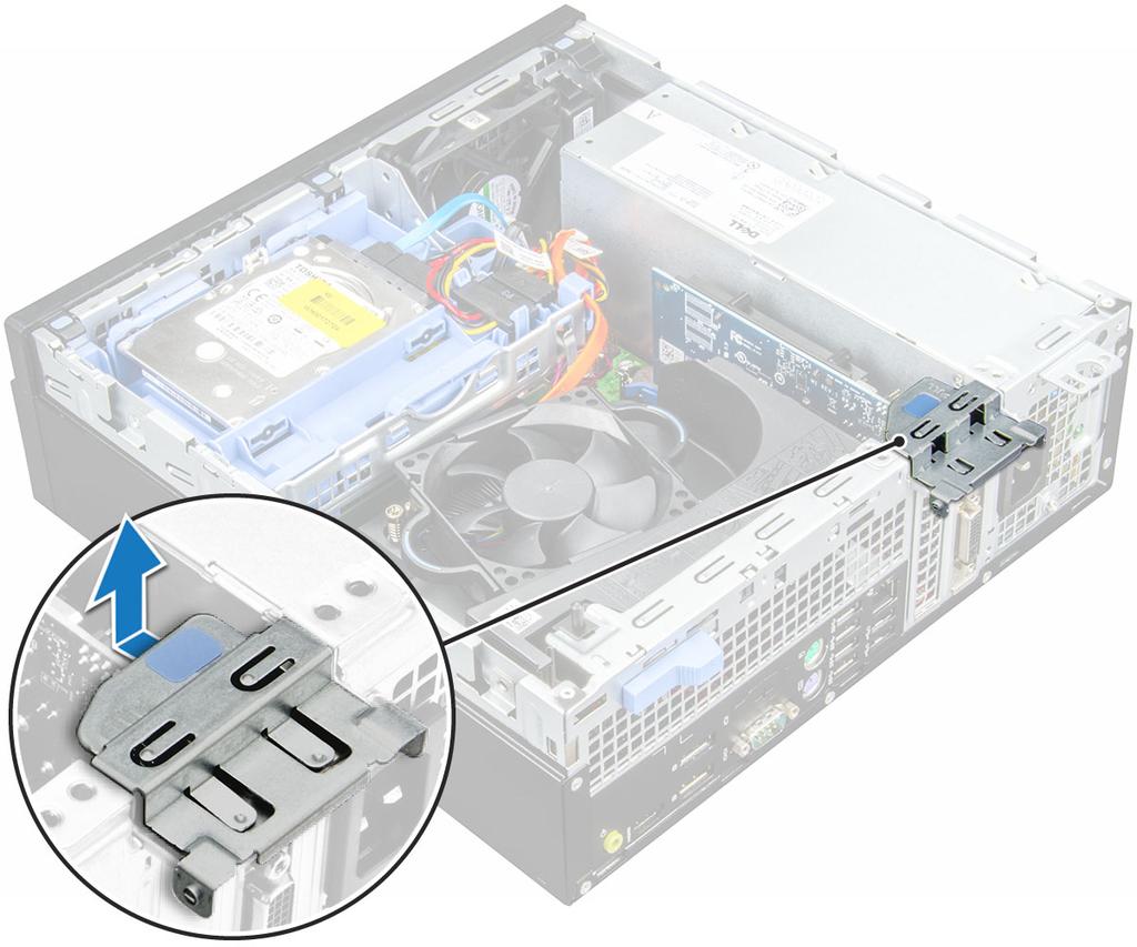 4 Για να αφαιρέσετε την κάρτα επέκτασης PCIe: a Τραβήξτε το μάνταλο αποδέσμευσης για να ξεκλειδώσετε την κάρτα επέκτασης PCIe [1].