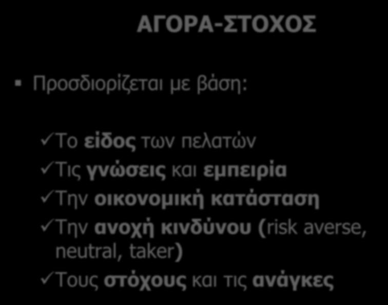 ΑΓΟΡΑ-ΣΤΟΧΟΣ Προσδιορίζεται με βάση: Το είδος των πελατών Τις γνώσεις και εμπειρία Την