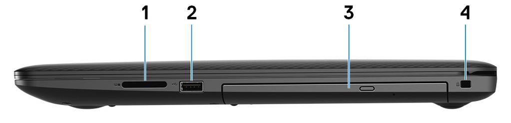 3 Όψεις του Inspiron 3780 Δεξιά πλευρά 1 Υποδοχή κάρτας SD Χρησιμεύει για την ανάγνωση και την εγγραφή στην κάρτα SD. 2 Θύρα USB 2.