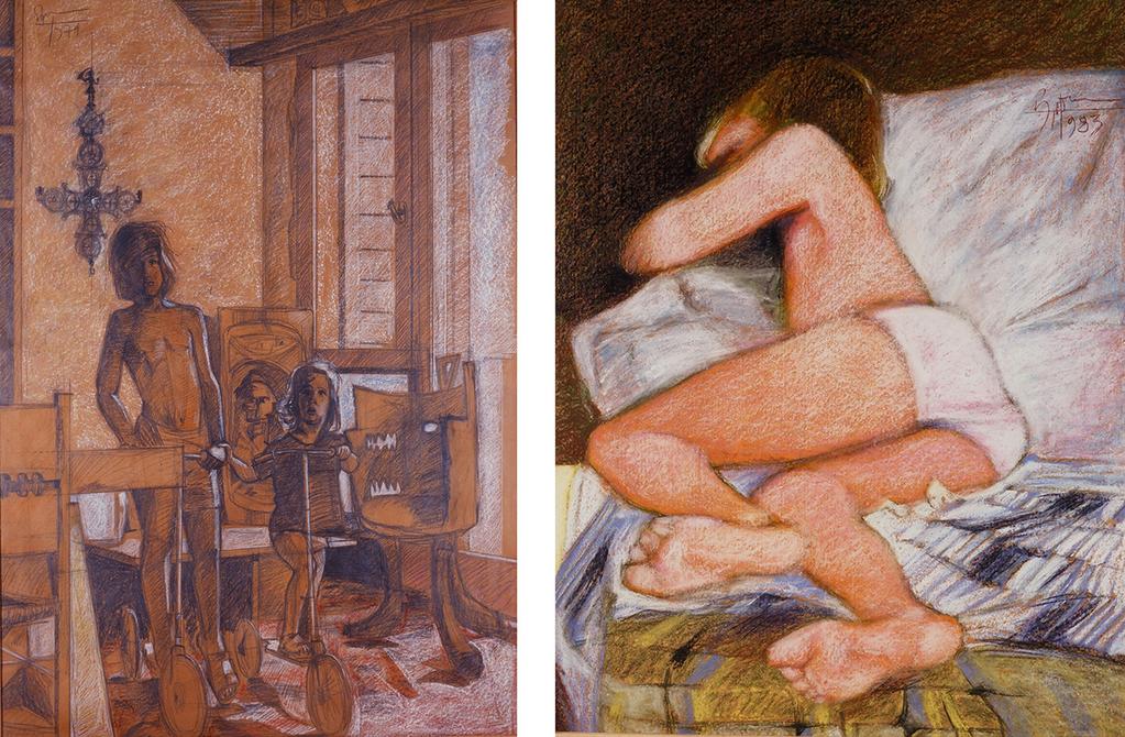 (Αριστερά) «Παιδιά με πατίνια», μολύβι και κιμωλία σε στρατσόχαρτο, Η. Παπαγιαννόπουλος, 1974, (Δεξιά) «Ύπνος», παστέλ, Η.