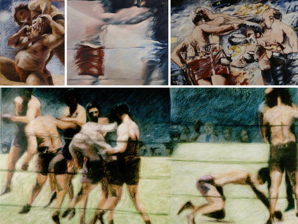 (Πάνω αριστερά) «Λαβή», παστέλ, Η. Παπαγιαννόπουλος, 1982, (Μέση) «Χτύπημα», λάδι σε μουσαμά, Η. Παπαγιαννόπουλος, 1988, (Πάνω δεξιά) «Armstrong-Till», λάδι σε μουσαμά, Η.
