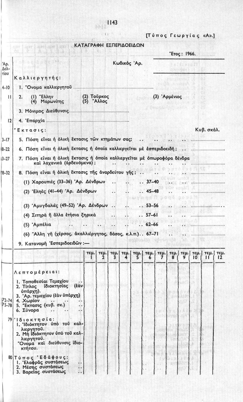 1143 [Τύπος Γεωργίας «Α».] ΚΑΤΑΓΡΑΦΗ ΕΣΠΕΡΙΔΟΕΙΔΩΝ "Ετος: 1966. Αρ. Δελτίου Καλλιεργητής: Κωδικός Άρ. 4-10 Ι. "Ονομα καλλιεργητού II 2. (Ι) "Ελλην (4) Μαρωνίτης (2) Τούρκος (5) "Αλλος (3) 'Αρμένιος 3.
