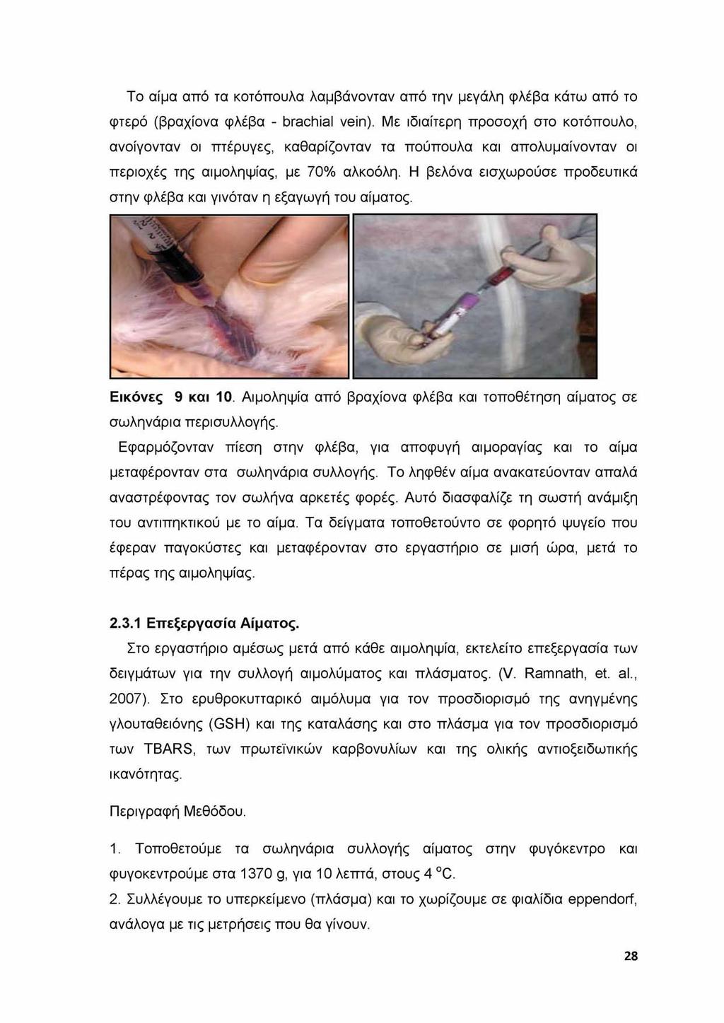 Το αίμα από τα κοτόπουλα λαμβάνονταν από την μεγάλη φλέβα κάτω από το φτερό (βραχίονα φλέβα - brachial vein).