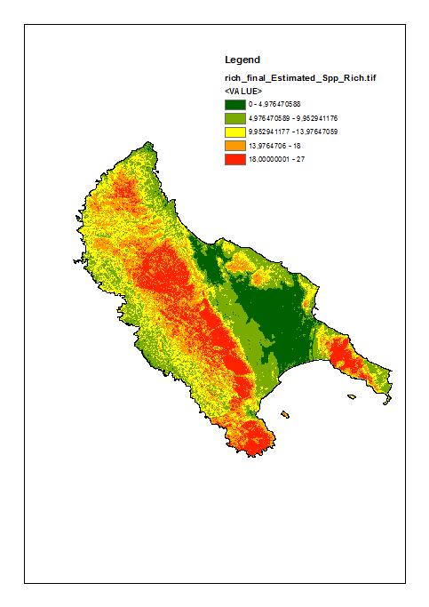 Χάρτης 1. Συνθετικός χάρτης του πλούτου ειδών της οικογένειας Ορχεοειδών στη Νήσο Ζάκυνθο.