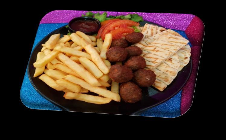 Mερίδα κεφτεδάκια Kebab portion Κεφτεδάκια 8 τμχ μοσχαρίσιου κρέατος, συνοδευόμενο με πίττa, ντομάτα, και τηγανιτές πατάτες.