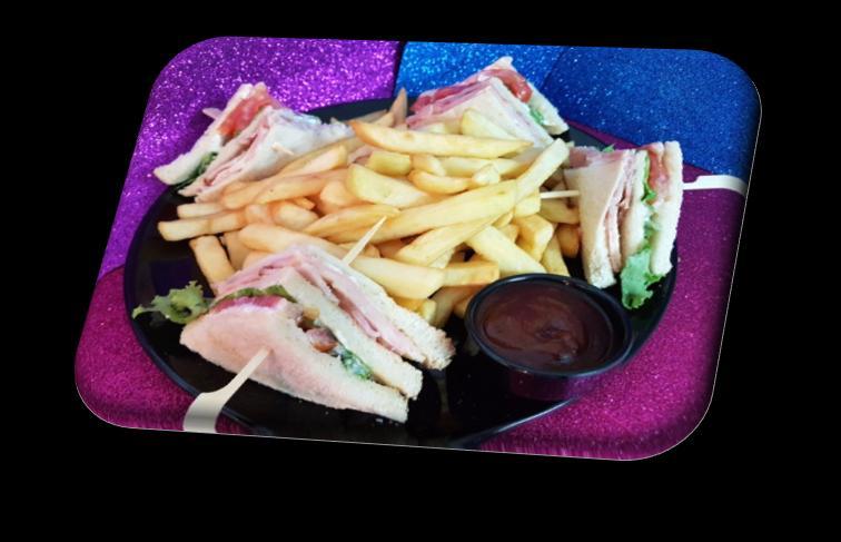 Ham, edam cheese, bacon, tomato, lettuce and mayonnaise served in toasted bread. Served with french fries and ketchup.