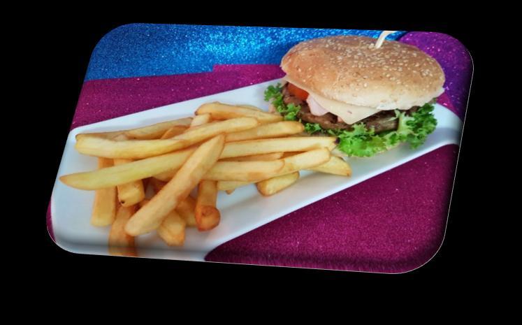 Beef burger, edam cheese, bacon, tomato, lettuce and mayonnaise served in toasted bread. Served with french fries and mayonnaise.