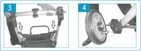 The wheel assembly is locked into place when the retaining pins pops out. 4. Push the wheel onto the axle. 3.