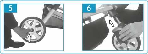 5. Press the button to detach the rear wheel. 6. To assemble the front wheels, insert front wheel set peg into the plastic base until hear a click. 5.