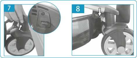 To detach the front wheels: press the button on the plastic base and pull the wheel. 8. To lock the front swivel wheels, press the locking lever downwards.