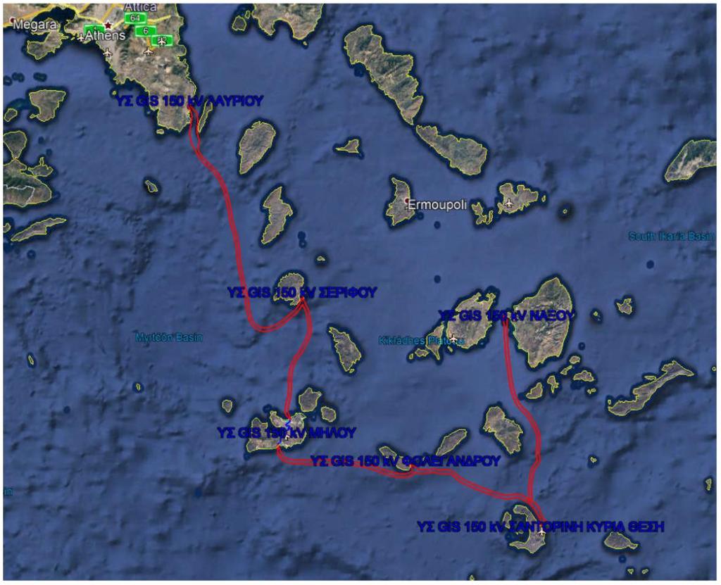 Διασύνδεση νοτίων Κυκλάδων (Δ Φάση) Υ/Β διασυνδέσεις ΕΡ 150 kv Νάξος Σαντορίνη μήκους 100 km Σαντορίνη Φολέγανδρος μήκους 50 km