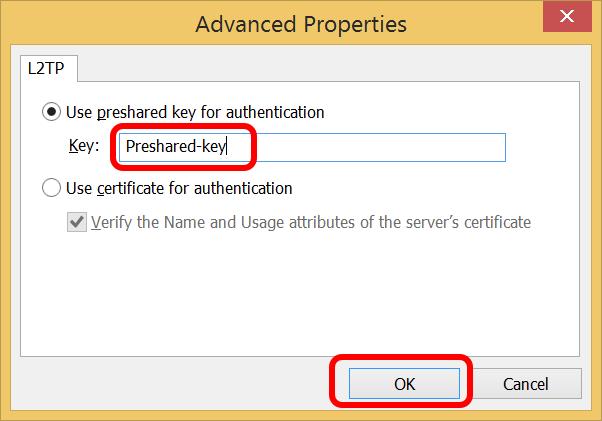 Στο νέο παράθυρο, επιλέγουμε το Use preshared key for authentication και βάζουμε το κλειδί που μας έχει δώσει ο Network
