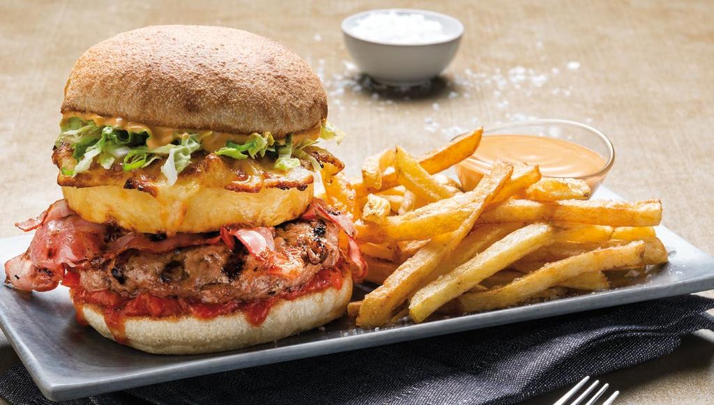 Burgers από 100% φρέσκο Black Angus μοσχαρίσιο κιμά Όλα τα burgers συνοδεύονται από μακριές φρέσκες τηγανητές πατάτες choppy fry.