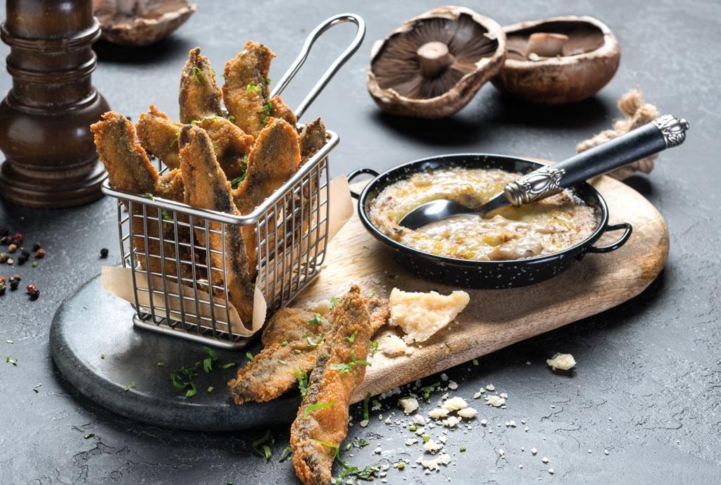 TASTY STARTERS Crispy porto-bello Prosciutto chops (6 τεμάχια) Γεμιστά πιτάκια µε prosciutto και καπνιστό τυρί που λιώνει στο στόμα. Συνοδεύεται με sοur cream dip και γαρνίρεται με καπνιστή πάπρικα.