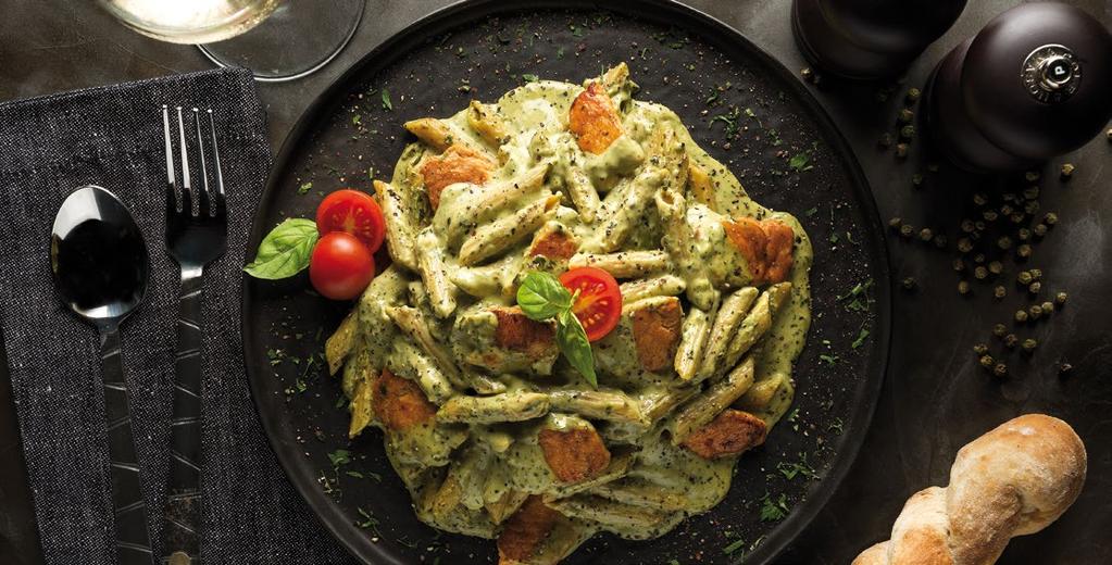 Penne 4 formaggi Πέννες με κρέµα τυριού teleggio, τυρί gorgonzola, τυρί Pecorino και λιωμένη παρµεζάνα. Γαρνίρεται με λεπτές φέτες καπνιστού προσούτο. 12.