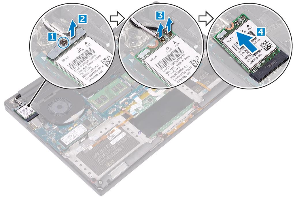 Εγκατάσταση της κάρτας WLAN 1. Ευθυγραμμίστε την εγκοπή στην κάρτα WLAN με τη γλωττίδα στον σύνδεσμο της κάρτας WLAN στην πλακέτα συστήματος. 2.