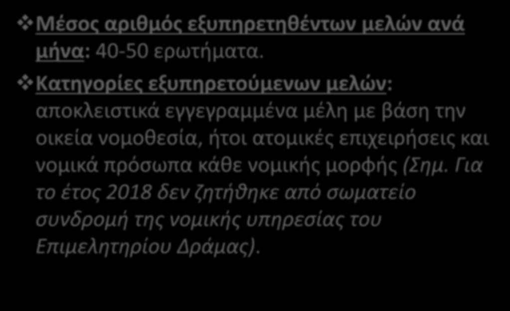 ΝΟΜΙΚΗ ΤΠΗΡΕΙΑ ΕΠΙΜΕΛΗΣΗΡΙΟΤ «ΝΟΜΟ ΕΠΙΧΕΙΡΕΙΝ» 2018 Μζςοσ αρικμόσ εξυπθρετθκζντων μελϊν ανά μινα: 40-50 ερωτιματα.