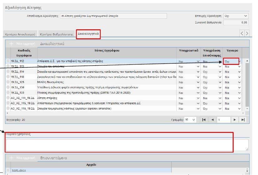 Στην καρτέλα «Δικαιολογητικά», θα δει ποια δικαιολογητικά είναι μη έγκυρα (ένδειξη «Όχι») και τυχόν παρατηρήσεις που υπάρχουν για το κάθε μη έγκυρο