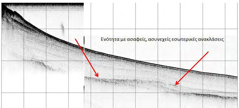 Ακολούθως έχουμε δύο τομογραφίες με παραδείγματα από ενότητες με ασαφείς, ασυνεχείς εσωτερικές ανακλάσεις και από κεκλιμένες