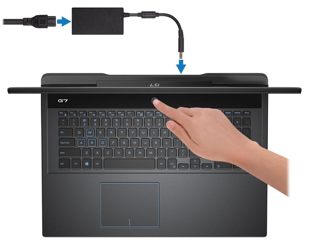 Ρύθμιση του Dell G7 7790 1 ΣΗΜΕΙΩΣΗ Οι εικόνες που θα βρείτε στο έγγραφο ενδέχεται να διαφέρουν από τον υπολογιστή σας, πράγμα που εξαρτάται από τη συνδεσμολογία που παραγγείλατε. 1. Συνδέστε τον προσαρμογέα ισχύος και πιέστε το κουμπί λειτουργίας.